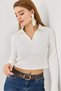 Women's polo neck ribbed crop blouse beige - 2