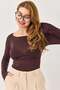 Boat Neck Cashmere Long Sleeve Blouse Brown