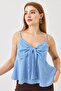 Women's large bow detailed plaid strap linen look blouse blue - 2