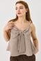 Women's Large Bow Detail Plaid Strappy Linen Look Blouse Brown - 2