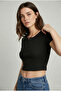 Women's Black Buttoned Henley Collar Short Sleeve Crop Blouse