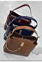 Women's 3-Compartment Square Model Chain Detail Handbag and Shoulder Bag Navy Blue - 3
