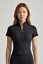 Nampo Slimfit (Body-Hugging) Zippered Short Sleeve Women's Sports Jacket Collared & Athlete Cardigan - Black - 5