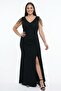 Women's V-Neck Lined Beaded Detailed Glittery Plus Size Dress