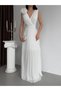 White Chiffon V-Neck Long Evening Dress with Floral Detail on the Shoulder - 5