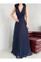 Navy Blue Chiffon V-Neck Long Evening Dress with Floral Detail on the Shoulder - 5