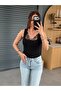 Square Neck Lace Detailed Athlete Top Black - 2