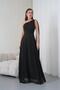 Women's Black One-Shoulder Buckle Drape Detailed Sparkling Tulle Fabric Evening Dress Nbs9388