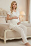 Ecru Cotton Ruffle Detailed Maternity 3-Piece Pajama Set - Set with Hidden Nursing Compartment and Robe - 2