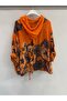 Women's Orange Italian Floral Patterned Zippered Front Hooded Foldable Long Sleeve Blouse 40 - 46 Size - 4