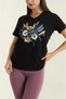 Women's Black Cotton Dragonfly and Floral Embroidered Bead Detailed V-Neck T-Shirt - 4