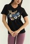 Women's Black Cotton Dragonfly and Floral Embroidered Bead Detailed V-Neck T-Shirt - 3