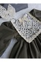 Khaki Green Guipure Lace Brooch Detailed Vintage Dress - 3