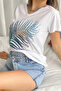 Women's White V-Neck Palm Leaf Sequin Embroidered 100% Cotton T-Shirt - 3