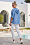 Blue Hooded Buttoned 3/4 Sleeve Casual Linen-Look Woven Jacket with Pockets 70 58 - 4