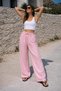 Women's Pink High Waist Wide Leg Cotton Muslin Casual Pants - 3