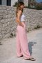 Women's Pink High Waist Wide Leg Cotton Muslin Casual Pants - 4