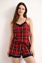 Women's Red Plaid Rope Strap Shorts Pajama Set with Lace Detail - 3