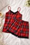 Women's Red Plaid Rope Strap Shorts Pajama Set with Lace Detail - 2