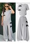 Çimalı Children's Gray Summer Ribbon Detailed Top and Bottom Set Cotton