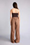 E1981Axbn534 Brown Wide Leg Double Pocket Elastic Waist Standard Length Linen Blend Trousers - 5
