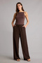 F5024Axbn528 Brown Wide Leg High Waist Standard Length Linen Blend Trousers with Pockets - 2