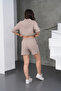 Women's Beige Relaxed Fit Zippered Sweat Shorts Set - 6