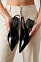 Women's Black Wrinkled Patent Leather Block Heeled Shoes - Pointed Toe Open Back Stylish Slingback Ballerinas - Office