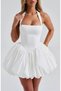 Imported Full Lycra Modal Fabric and Woven Fabric Lined Back Gipe Elastic Mini Balloon Dress-White - 4
