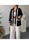 Beige Striped Premium Cardigan with Denim Detail - 2