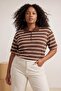 Kahverengi Polo Yaka Çizgili Crop Örme Büyük Beden Bluz TBBSS26AF00120 - 2