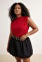 Red Mock Neck Ruched Detail Sleeveless Knitted Large Size Blouse Tbbss26Af00065 - 2