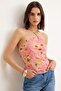Çok Renkli Çiçekli Fitted/Vücuda Oturan Halter Yaka İnce Askılı Kolsuz Tül Örme Bluz TWOSS26BZ00617 - 5