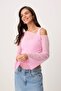 Açık Pembe Fitted/Vücuda Oturan Asimetrik Yaka Çift Görünümlü Büzgülü Tül Örme Bluz TWOSS26BZ00071 - 2