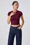 Women's Stretchy Fabric Body-Fitting Burgundy Slim Fit Crew Neck Basic T-Shirt - 5