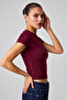 Women's Stretchy Fabric Body-Fitting Burgundy Slim Fit Crew Neck Basic T-Shirt - 6