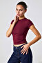 Women's Stretchy Fabric Body-Fitting Burgundy Slim Fit Crew Neck Basic T-Shirt - 4