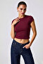 Women's Stretchy Fabric Body-Fitting Burgundy Slim Fit Crew Neck Basic T-Shirt