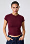 Women's Stretchy Fabric Body-Fitting Burgundy Slim Fit Crew Neck Basic T-Shirt - 2