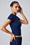 Women's Stretchy Fabric Body-Fitting Navy Blue Slim Fit Crew Neck Basic T-Shirt - 7