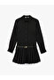 Long Sleeve Buttoned Belt Detailed Pleated Mini Shirt Dress - 3