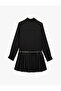 Long Sleeve Buttoned Belt Detailed Pleated Mini Shirt Dress - 4