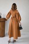 Beige Rose Detail Balloon Sleeve Double-Breasted Collar Pleated Scuba Fabric Dress - 2