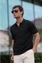 Black Men's Polo Collar Half Zipper Black T-Shirt - 4