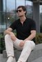 Black Men's Polo Collar Half Zipper Black T-Shirt - 5
