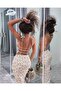 Women's Floral Patterned Backless Slit Dress - 7