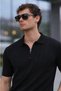 Black Men's Polo Collar Half Zipper Black T-Shirt - 7