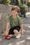 Boys' Double Short Sleeve Shorts Set Green Color Top Single Jersey Bottom Two Yarn Fabric Crew Neck
