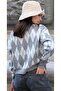 Una Fiaba-Gri Crew Neck Argyle Patterned Women's Buttoned Knit Cardigan - 2