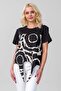 Women's Tied Printed Viscose Combination Lycra Knitted Fabric Crew Neck Tshirt Black - 7